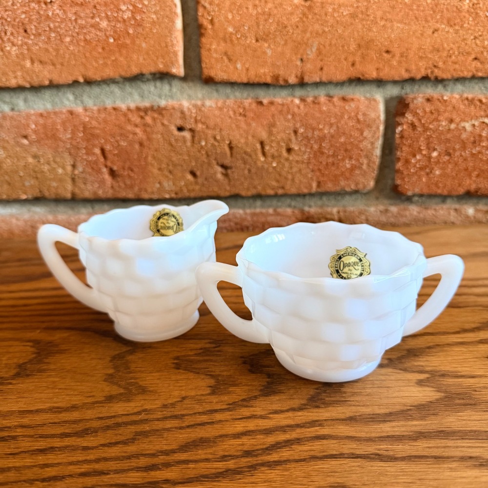 Vintage Hazel Atlas Milk Glass Creamer and Sugar Bowl Set Early American Opaque